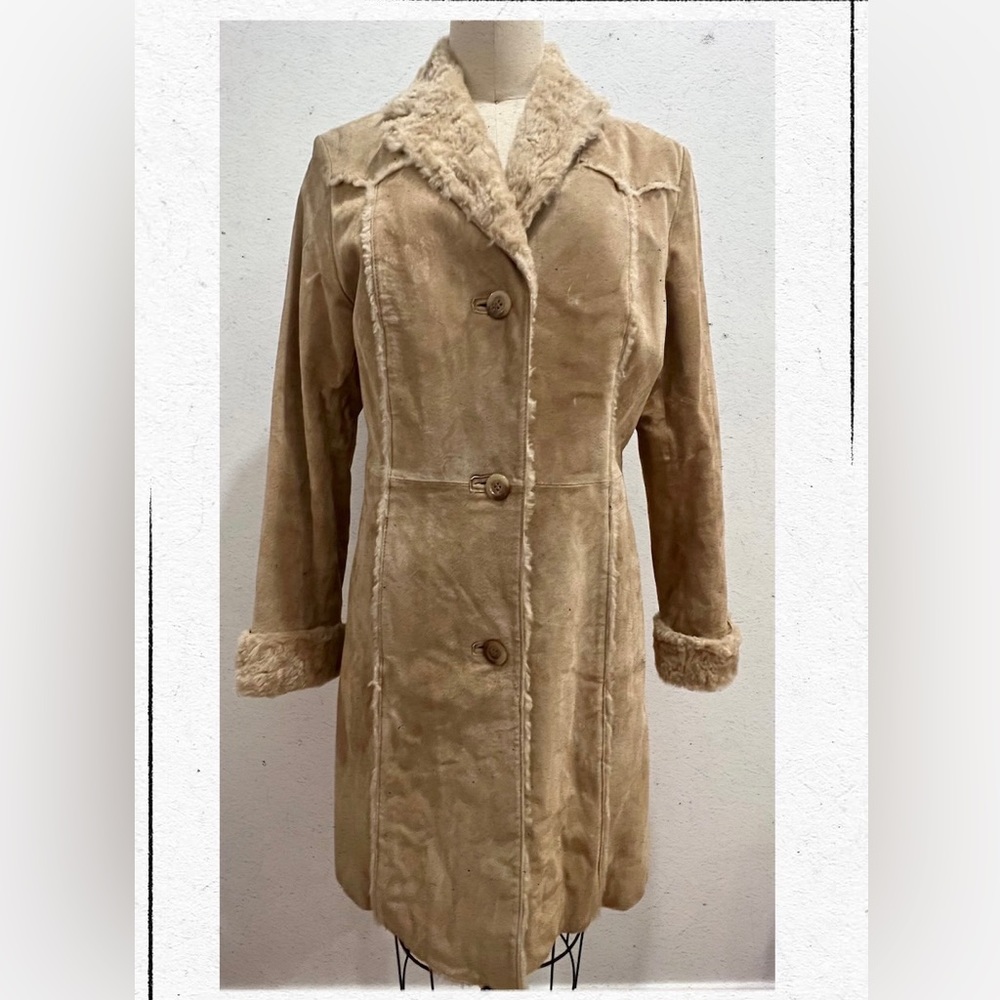 Vintage tan genuine leather and faux long Coat/Jacket